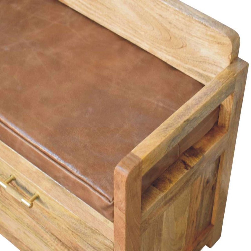 39" Brown and Oak Genuine Leather and Solid Wood Upholstered Storage Bench With Drawers