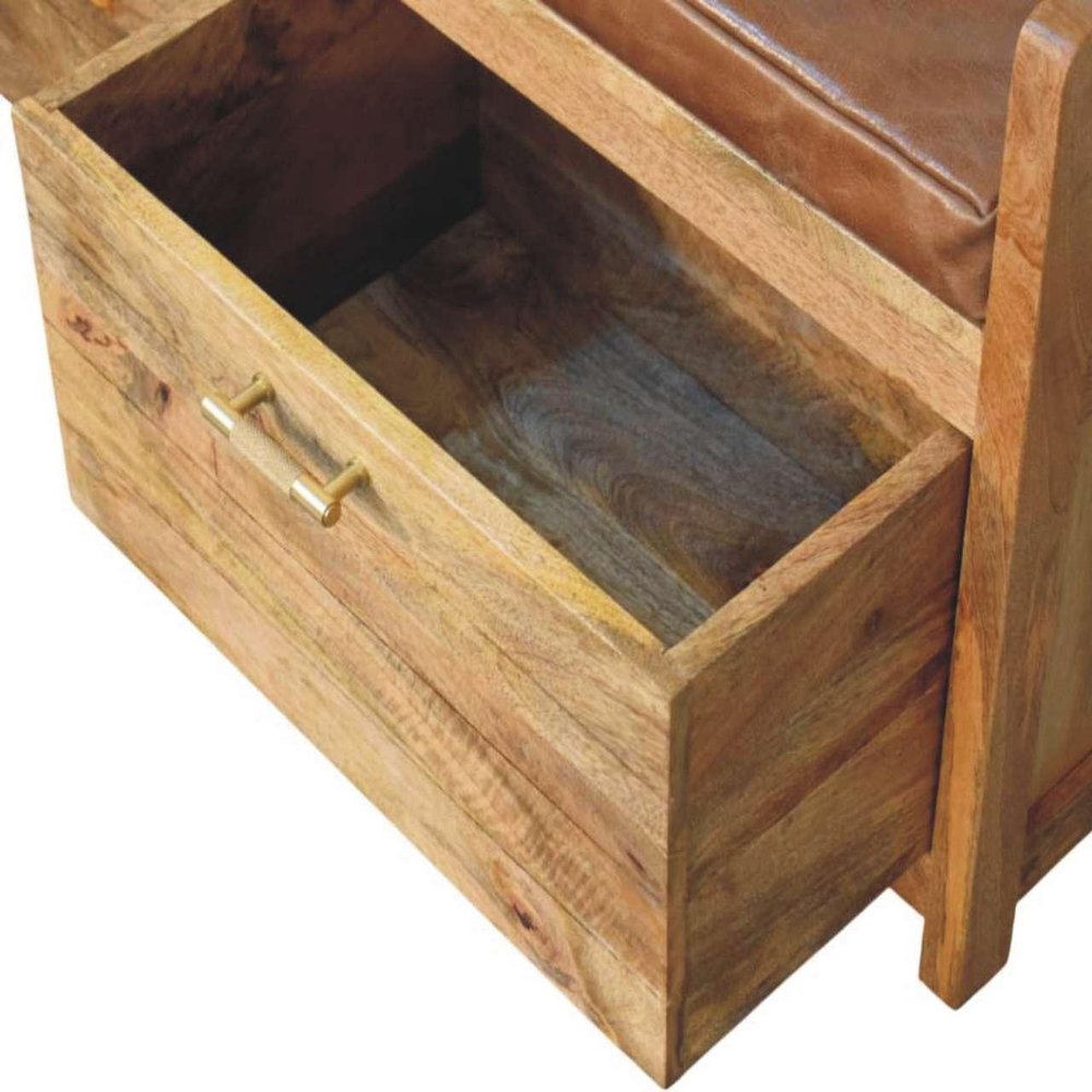 39" Brown and Oak Genuine Leather and Solid Wood Upholstered Storage Bench With Drawers