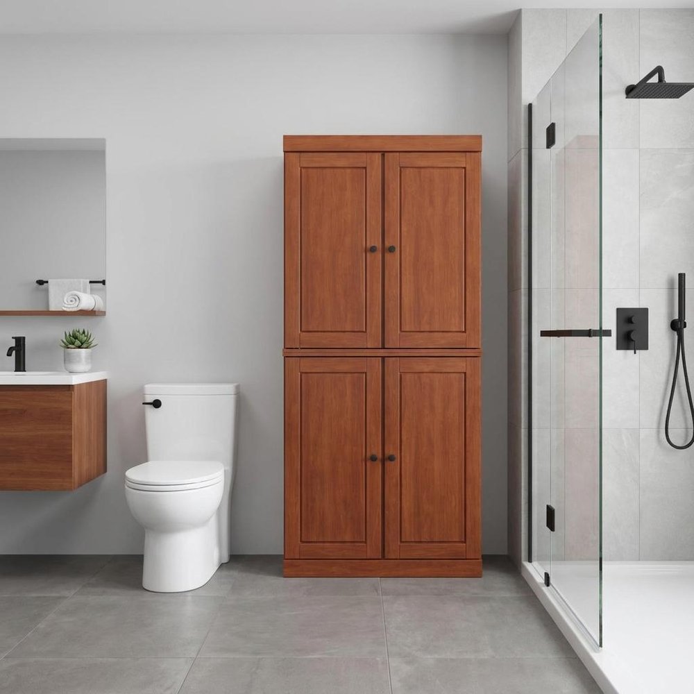 32" Coffee Solid Wood Free Standing Four Door Linen Cabinet