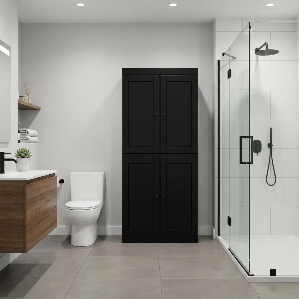 32" Black Solid Wood Free Standing Four Door Linen Cabinet