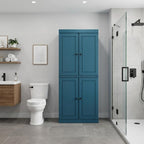 32" Teal Blue Solid Wood Free Standing Four Door Linen Cabinet