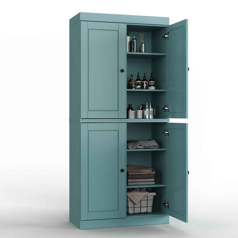 32" Aqua Solid Wood Free Standing Four Door Linen Cabinet