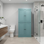 32" Aqua Solid Wood Free Standing Four Door Linen Cabinet