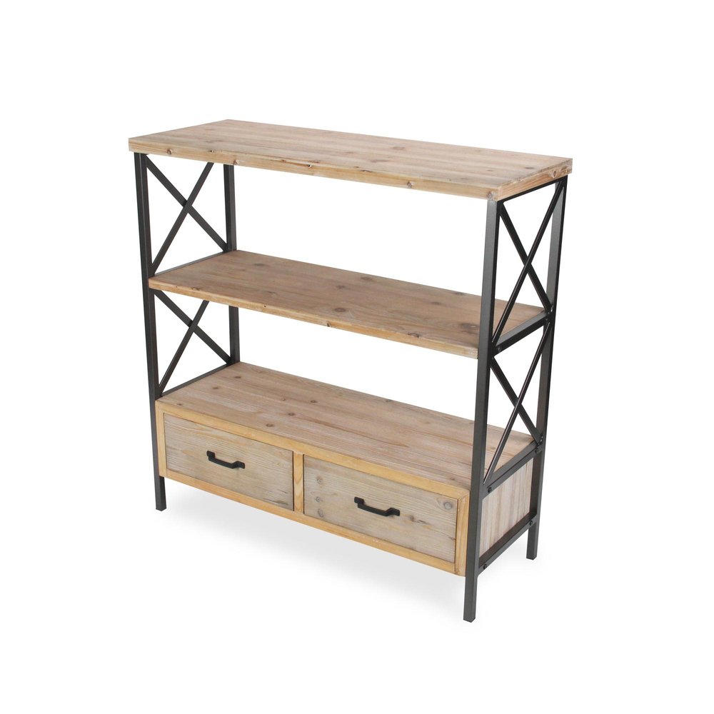 37" Brown Distressed Metal And Wood Three Tier Etagere Bookcase with Two Drawers