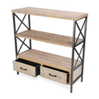37" Brown Distressed Metal And Wood Three Tier Etagere Bookcase with Two Drawers
