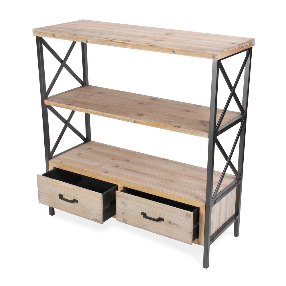 37" Brown Distressed Metal And Wood Three Tier Etagere Bookcase with Two Drawers