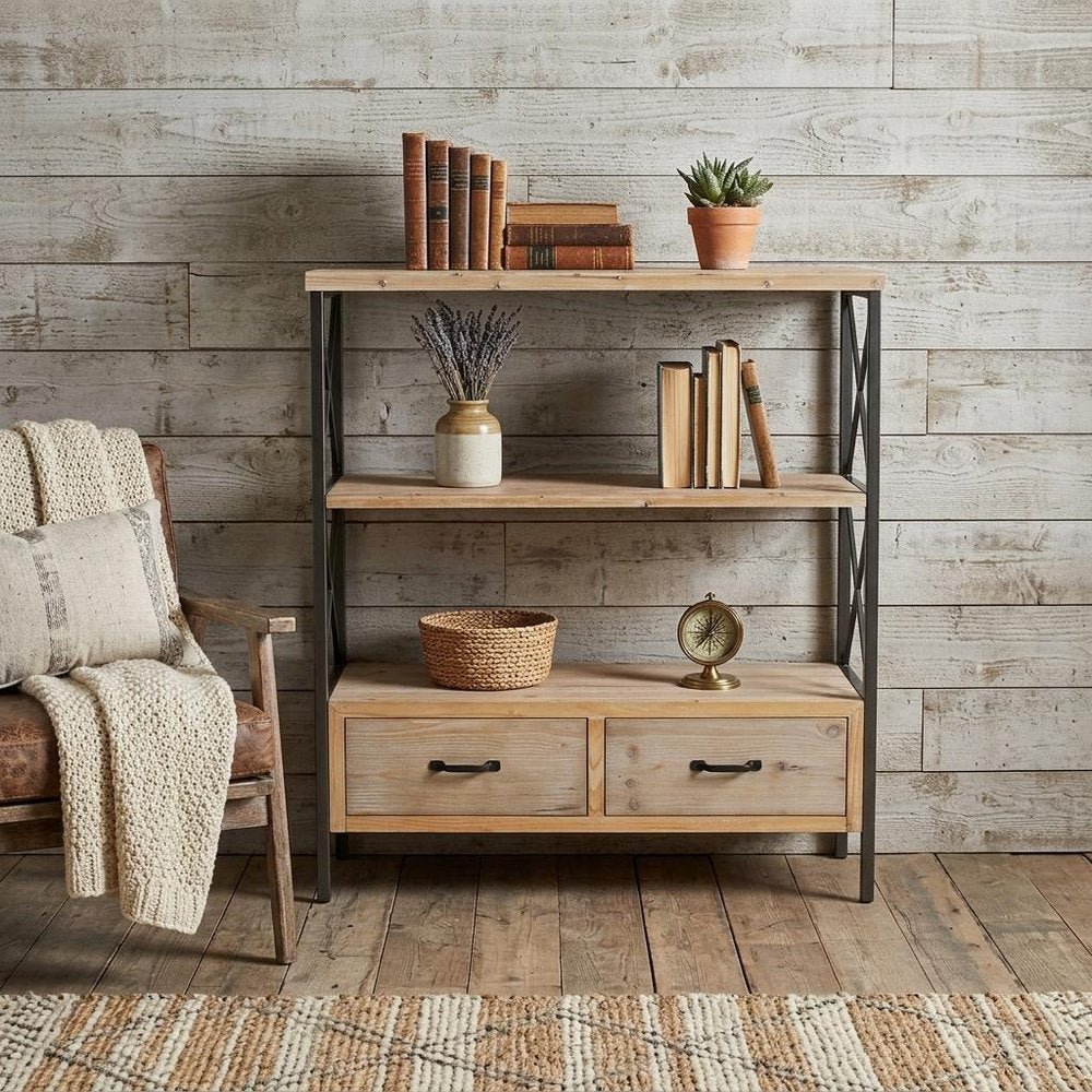 37" Brown Distressed Metal And Wood Three Tier Etagere Bookcase with Two Drawers