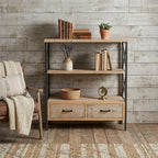 37" Brown Distressed Metal And Wood Three Tier Etagere Bookcase with Two Drawers