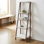 61" Brown And White Distressed Wood Four Tier Tier Ladder Bookcase