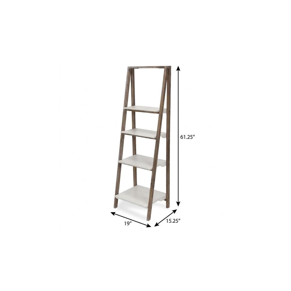 61" Brown And White Distressed Wood Four Tier Tier Ladder Bookcase