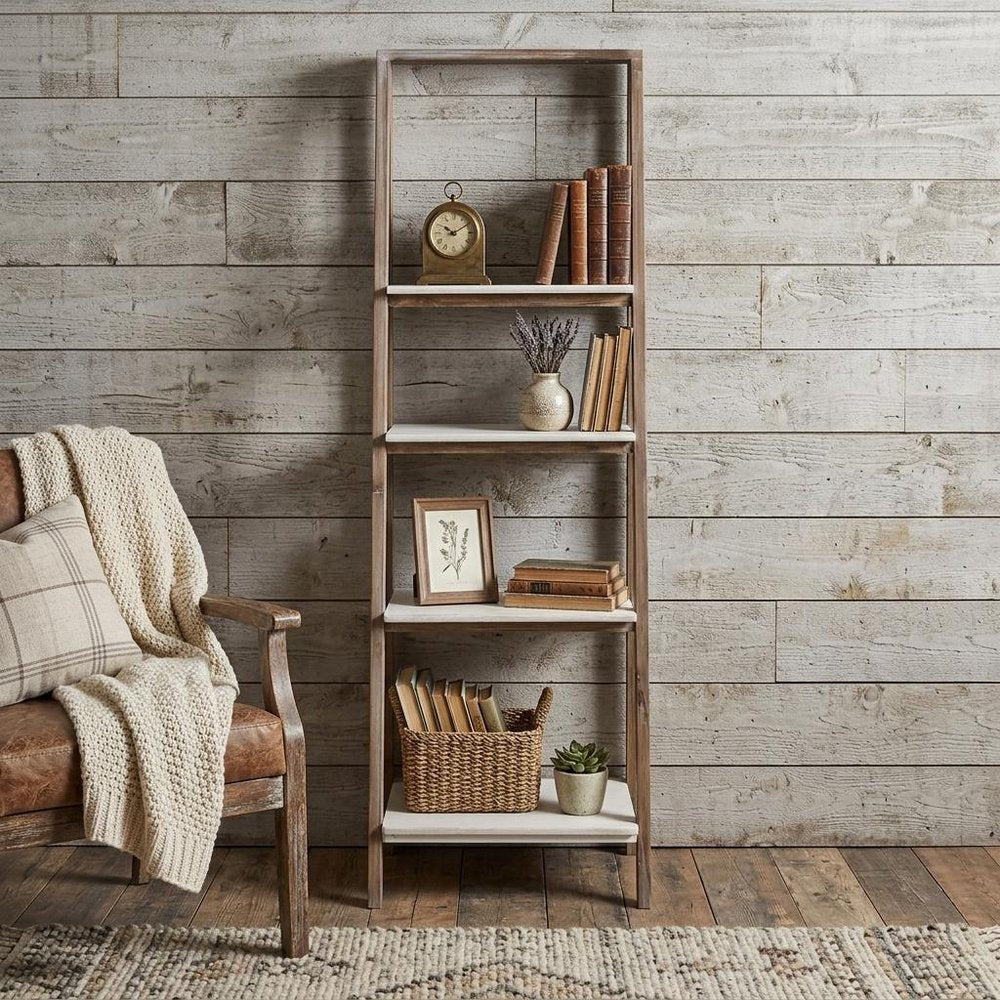 61" Brown And White Distressed Wood Four Tier Tier Ladder Bookcase