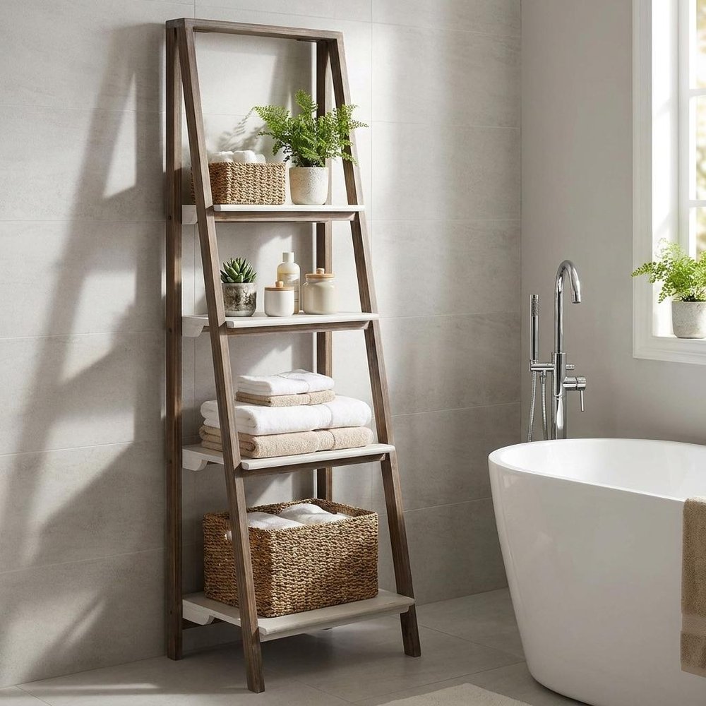 61" Brown And White Distressed Wood Four Tier Tier Ladder Bookcase