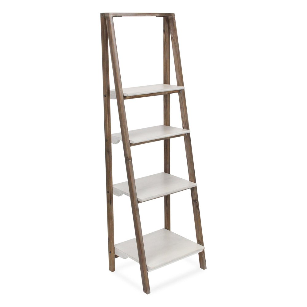 61" Brown And White Distressed Wood Four Tier Tier Ladder Bookcase