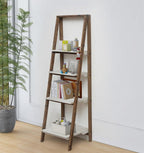 61" Brown And White Distressed Wood Four Tier Tier Ladder Bookcase