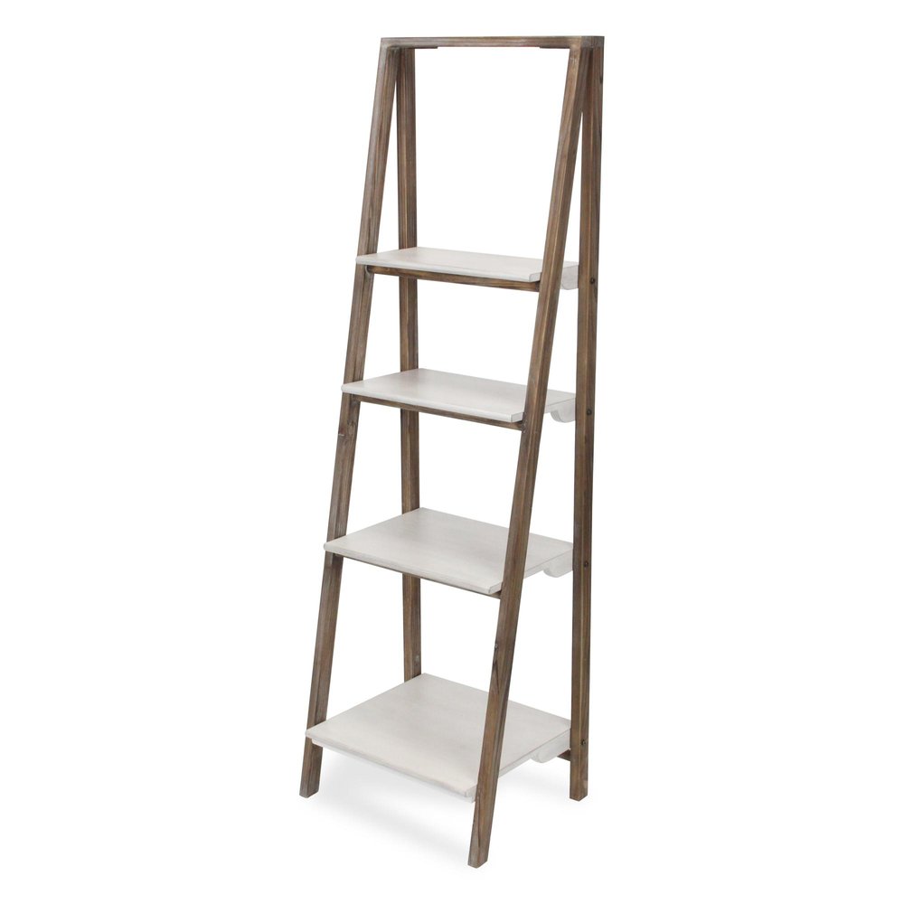 61" Brown And White Distressed Wood Four Tier Tier Ladder Bookcase