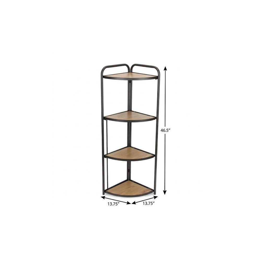 47" Brown Distressed Metal And Wood Four Tier Corner Bookcase