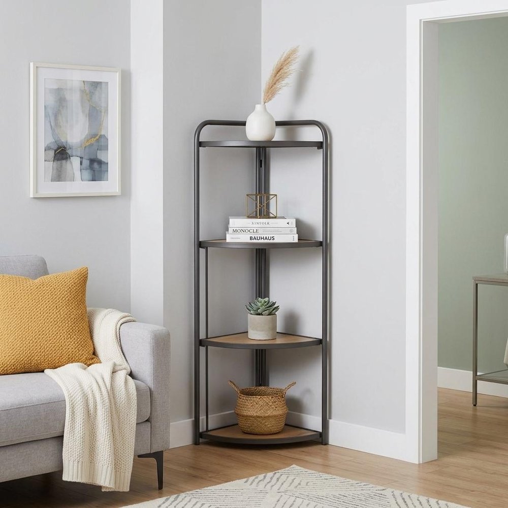 47" Brown Distressed Metal And Wood Four Tier Corner Bookcase