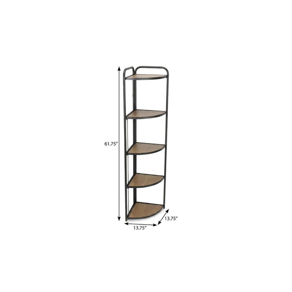 62" Black And Brown Metal and Wood Five Tier Corner Bookcase