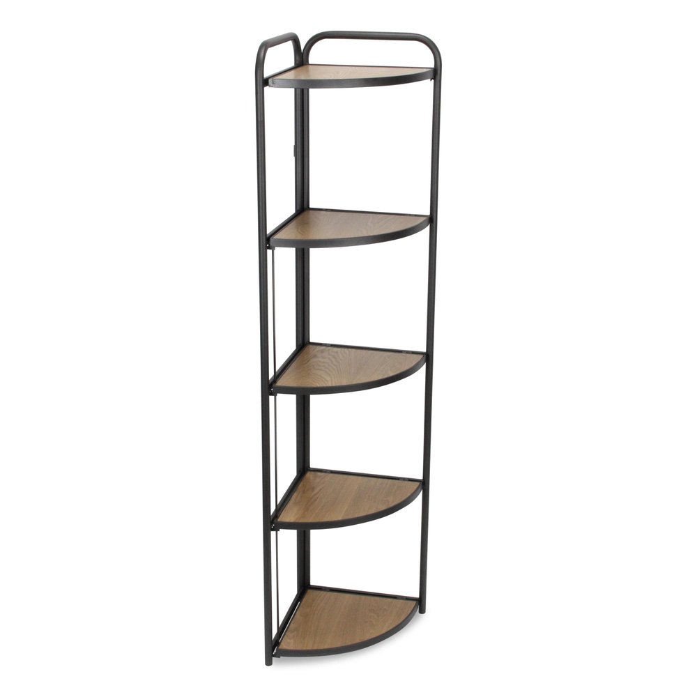 62" Black And Brown Metal and Wood Five Tier Corner Bookcase