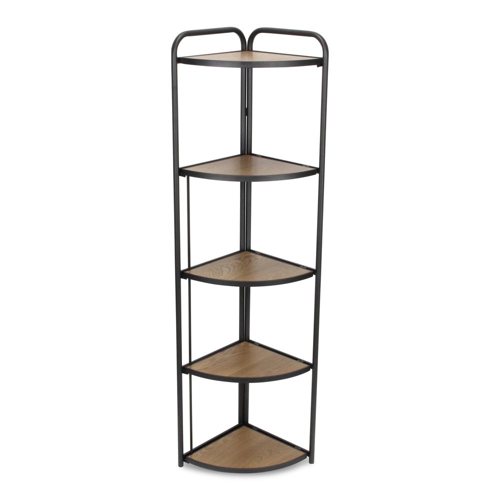 62" Black And Brown Metal and Wood Five Tier Corner Bookcase
