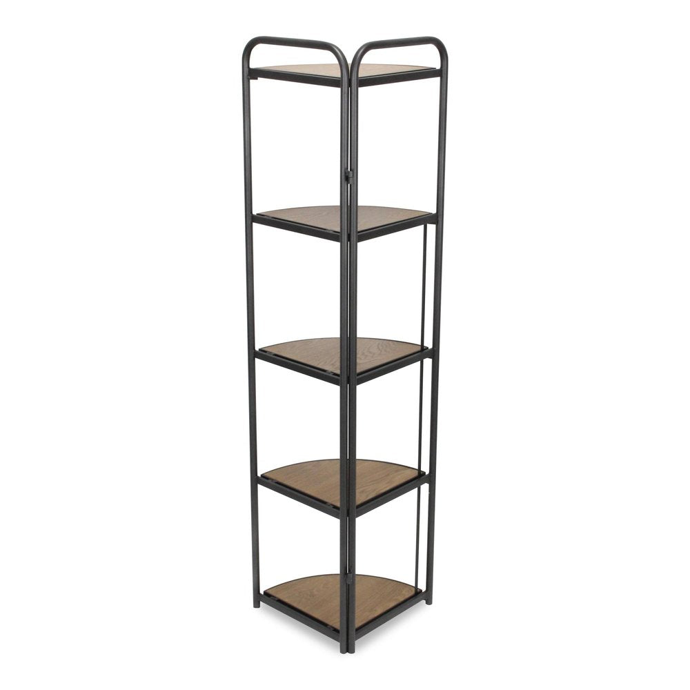 62" Black And Brown Metal and Wood Five Tier Corner Bookcase