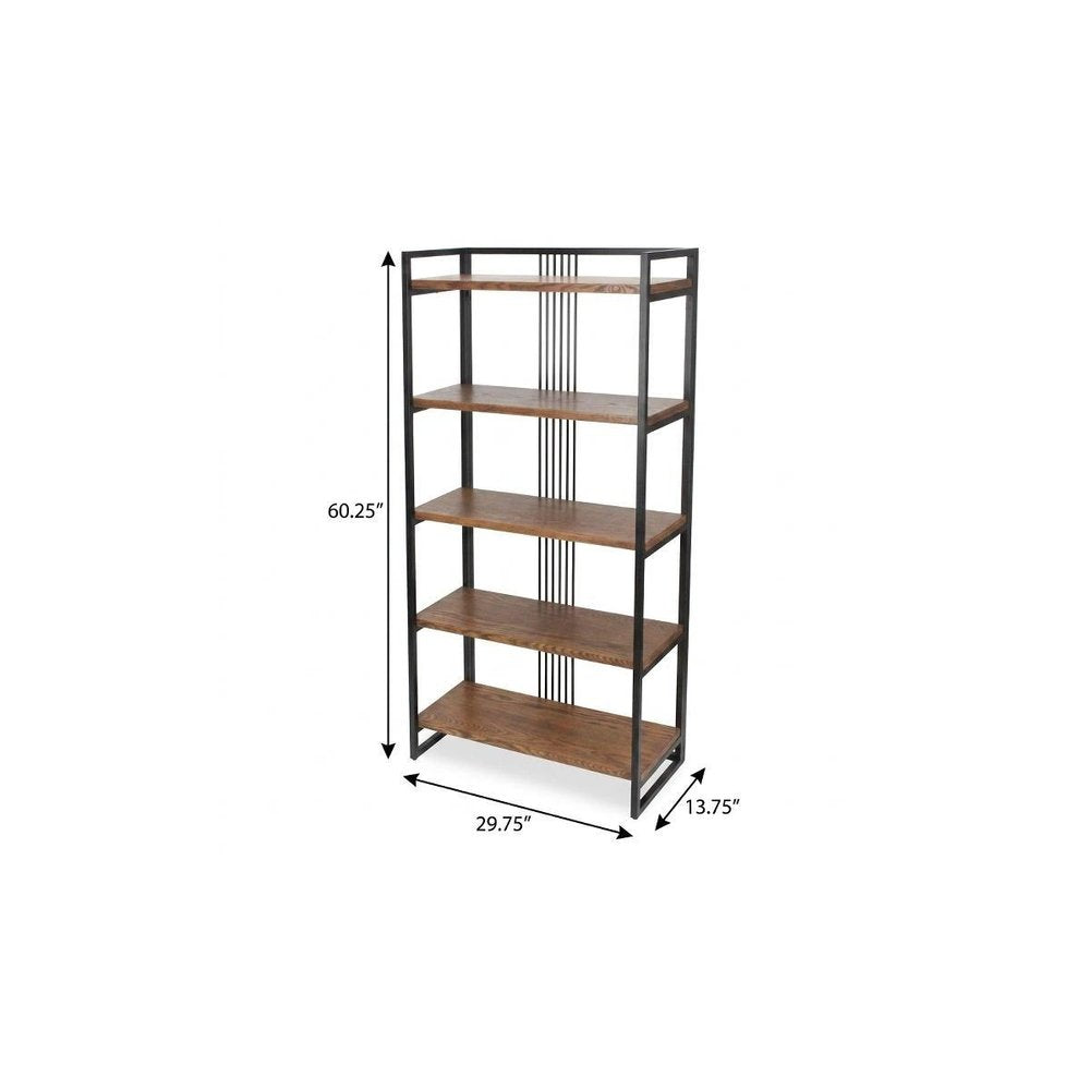 60" Brown Distressed Metal And Wood Five Tier Etagere Bookcase