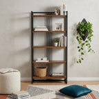 60" Brown Distressed Metal And Wood Five Tier Etagere Bookcase