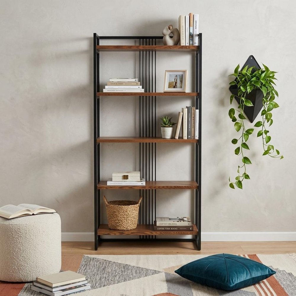 60" Brown Distressed Metal And Wood Five Tier Etagere Bookcase