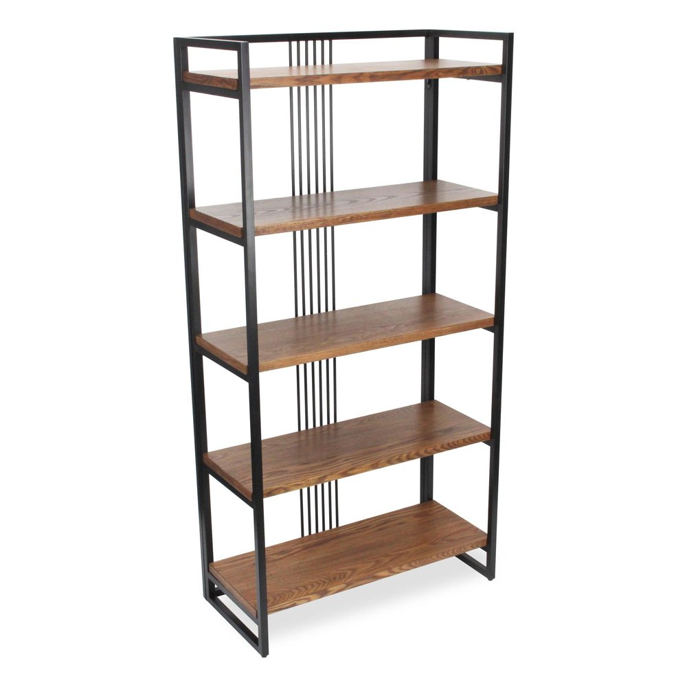 60" Brown Distressed Metal And Wood Five Tier Etagere Bookcase