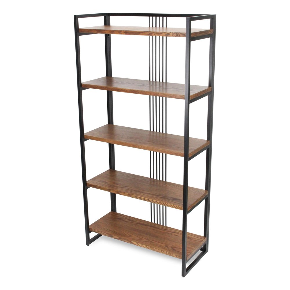 60" Brown Distressed Metal And Wood Five Tier Etagere Bookcase