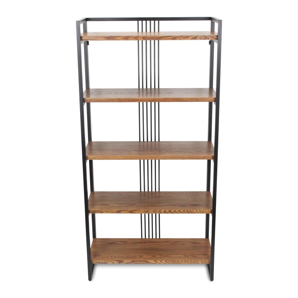 60" Brown Distressed Metal And Wood Five Tier Etagere Bookcase