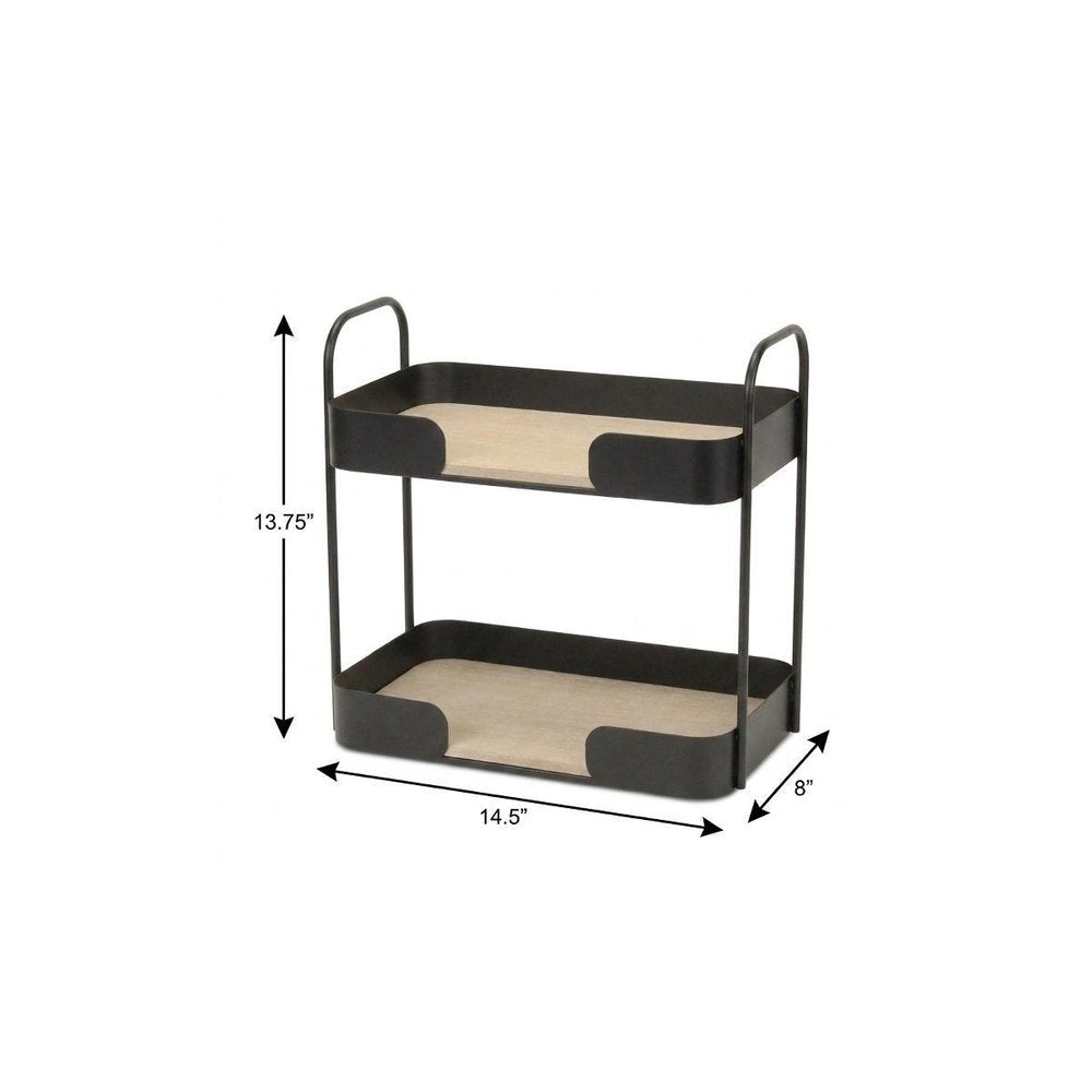 14" Brown Distressed Metal And Wood Two Tier Etagere Bookcase