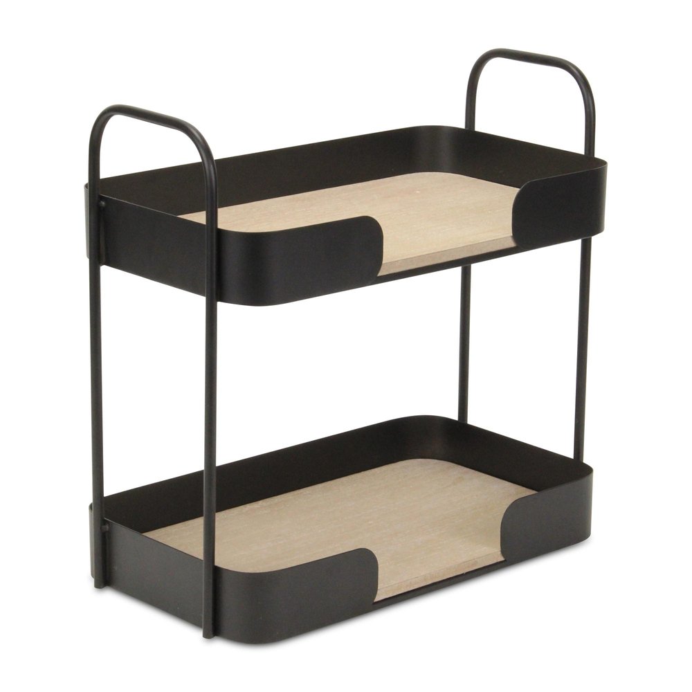 14" Brown Distressed Metal And Wood Two Tier Etagere Bookcase