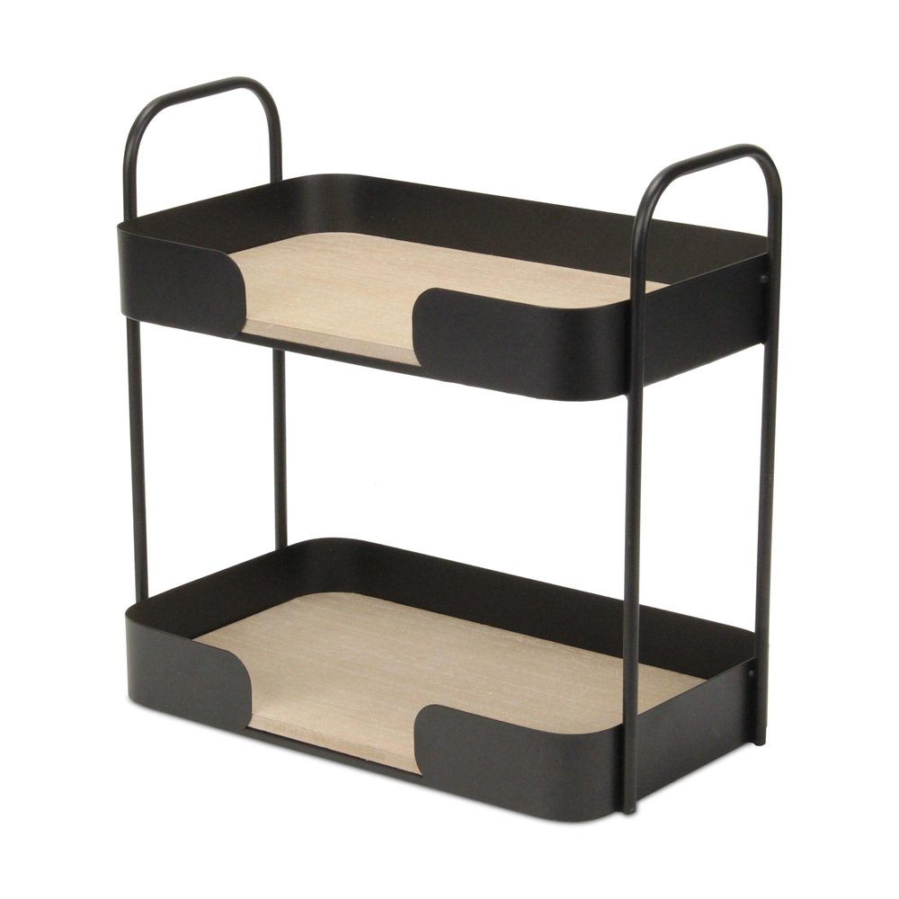 14" Brown Distressed Metal And Wood Two Tier Etagere Bookcase