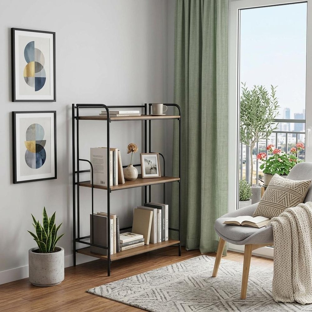 37" Brown Distressed Metal And Wood Three Tier Etagere Bookcase