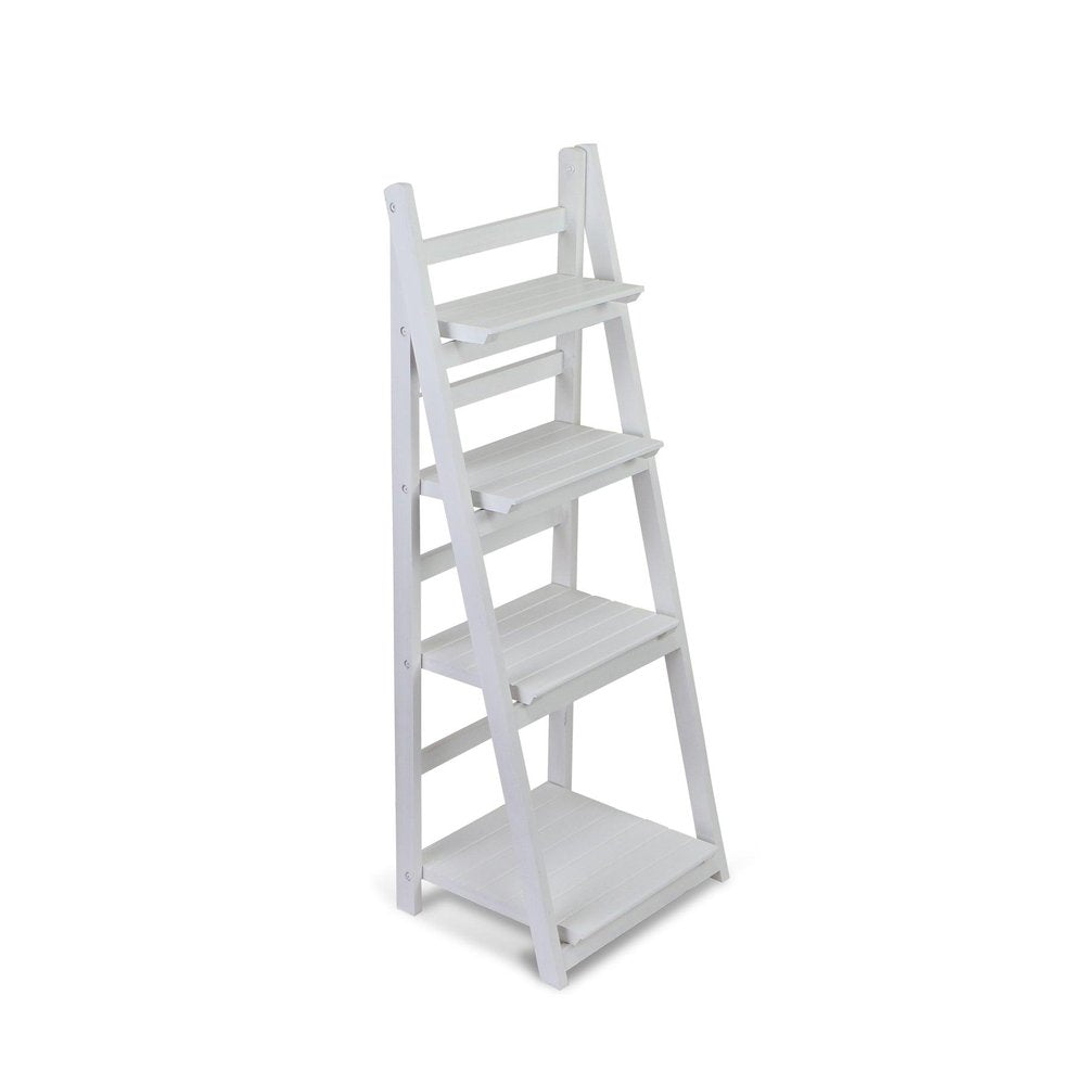 44" White Distressed Wood Four Tier Ladder Bookcase