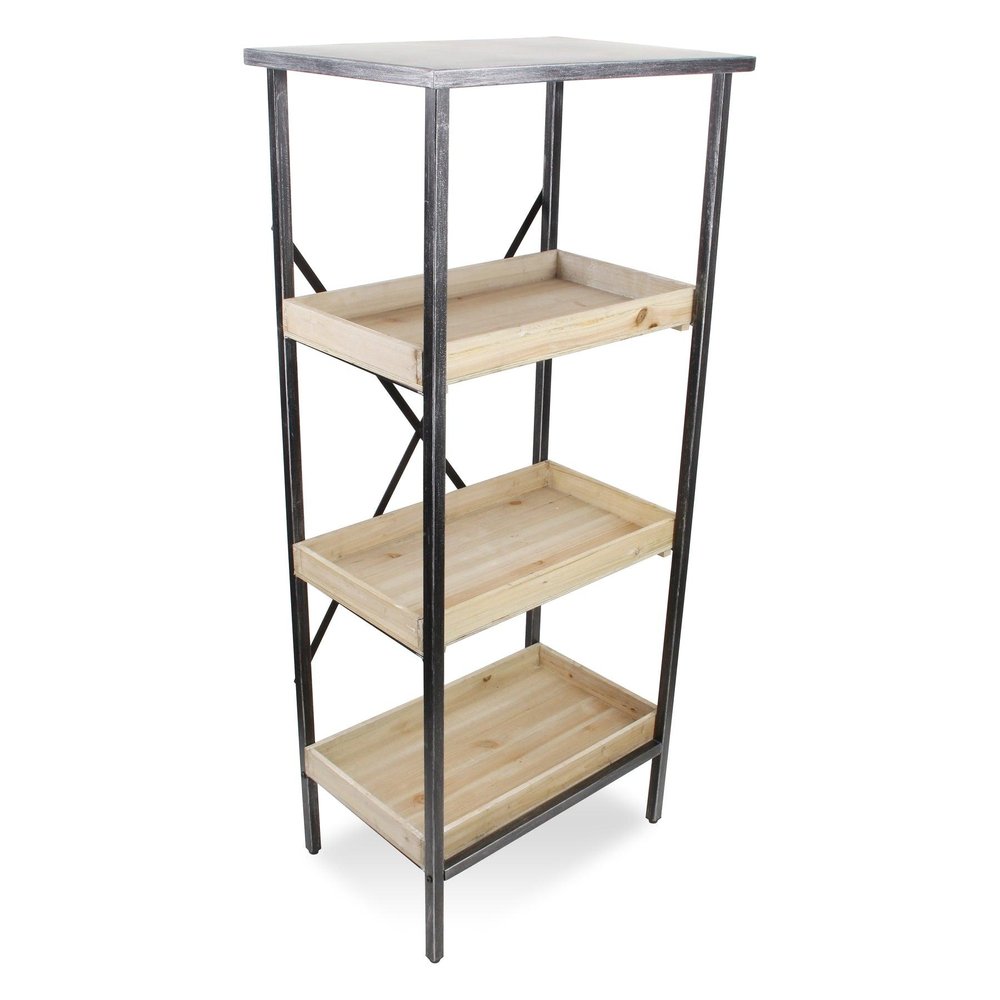 49" Black And Natural Distressed Metal And Wood Three Tier Etagere Bookcase