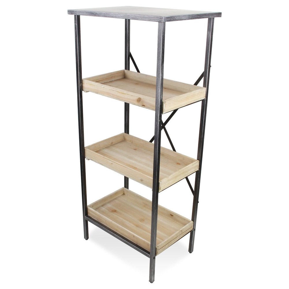 49" Black And Natural Distressed Metal And Wood Three Tier Etagere Bookcase