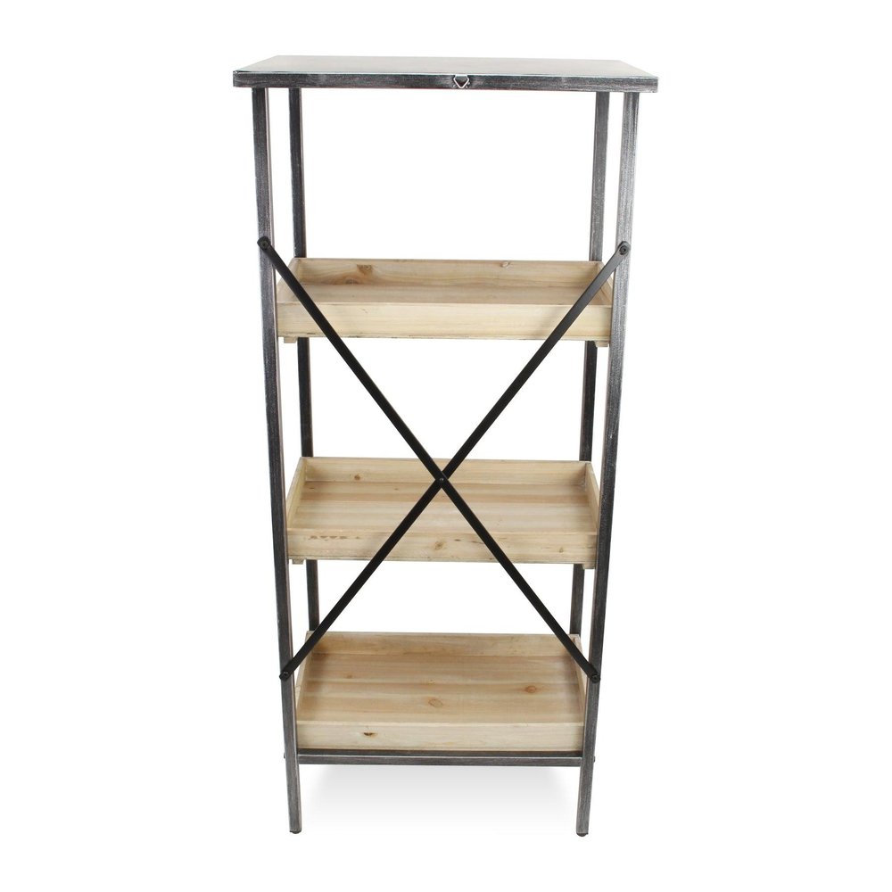 49" Black And Natural Distressed Metal And Wood Three Tier Etagere Bookcase
