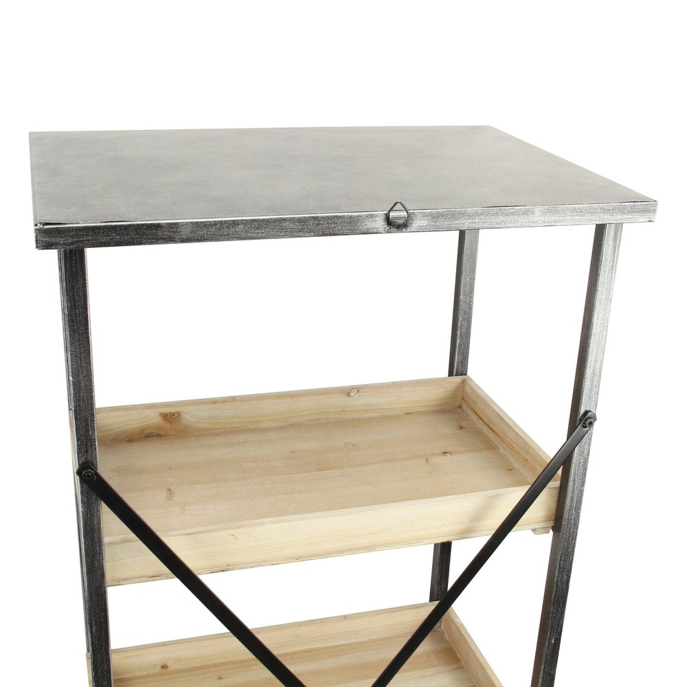 49" Black And Natural Distressed Metal And Wood Three Tier Etagere Bookcase
