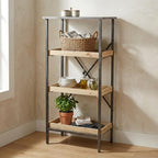 49" Black And Natural Distressed Metal And Wood Three Tier Etagere Bookcase