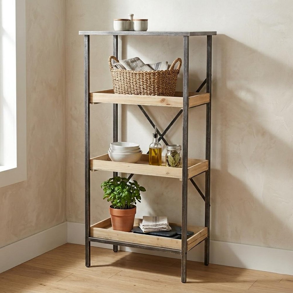49" Black And Natural Distressed Metal And Wood Three Tier Etagere Bookcase