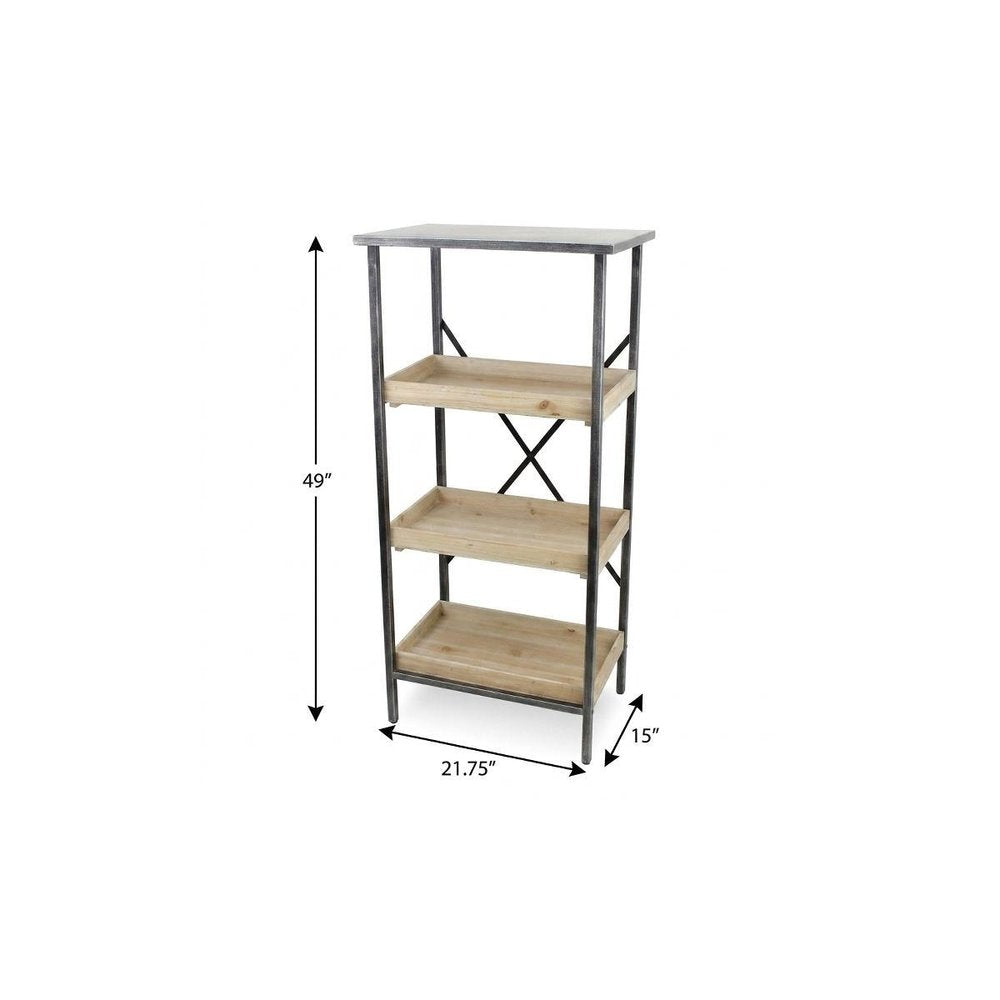49" Black And Natural Distressed Metal And Wood Three Tier Etagere Bookcase