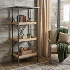 49" Black And Natural Distressed Metal And Wood Three Tier Etagere Bookcase
