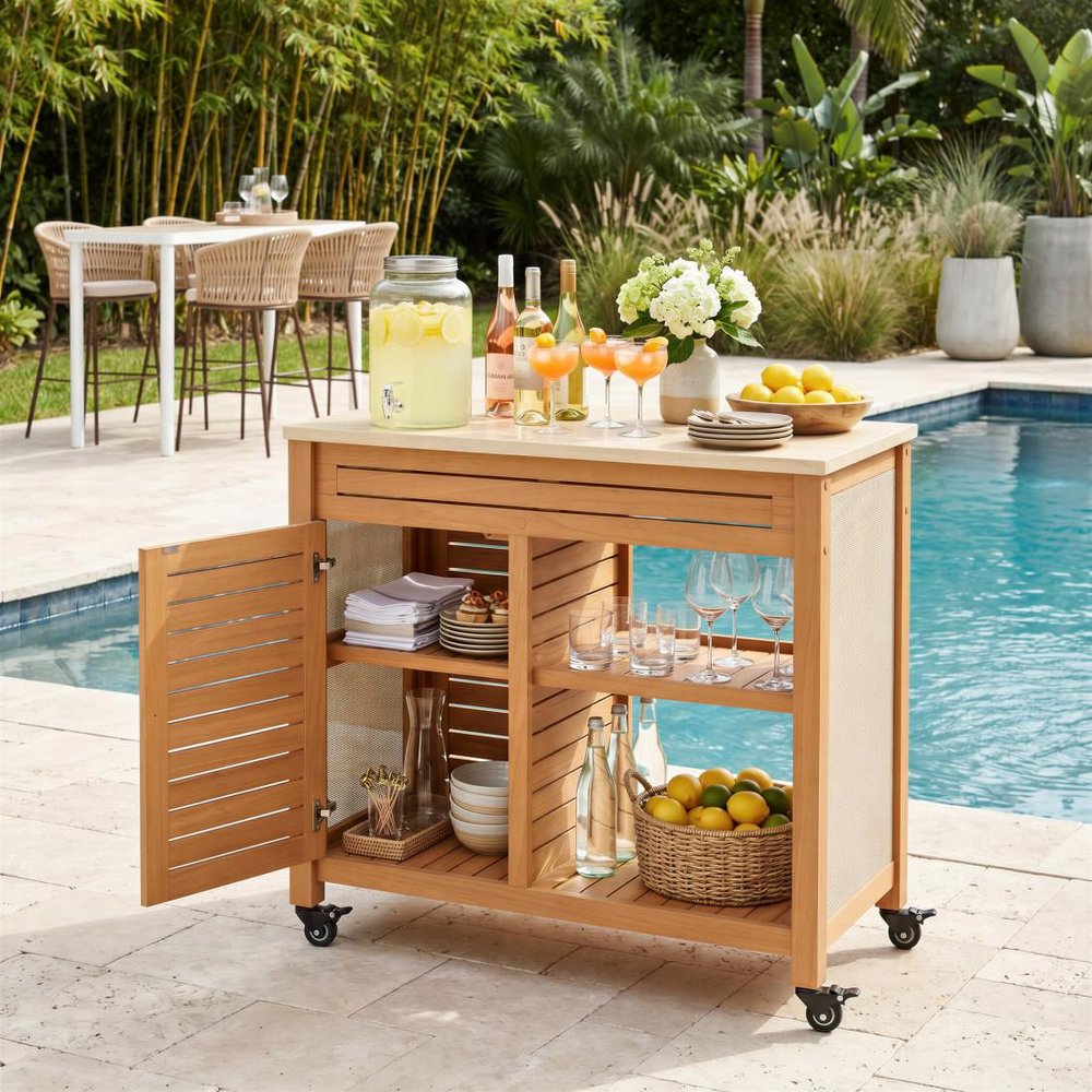 36" Natural Solid Wood Rolling Bar Cart