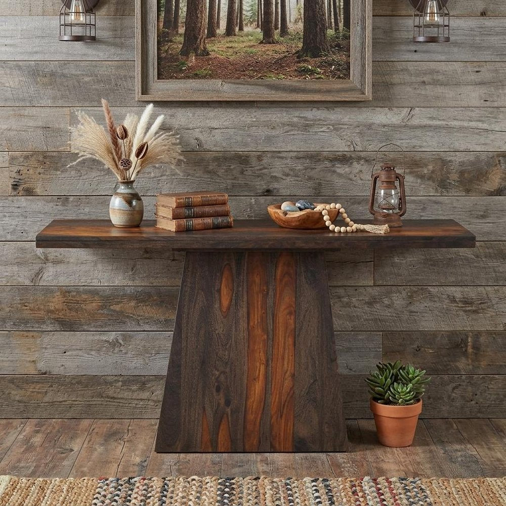 57" Mahogany and Dark Brown Solid Wood Pedestal Console Table