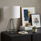 18" Clear And Brass Glass And Metal Geometric Table Lamp With Drum Shade