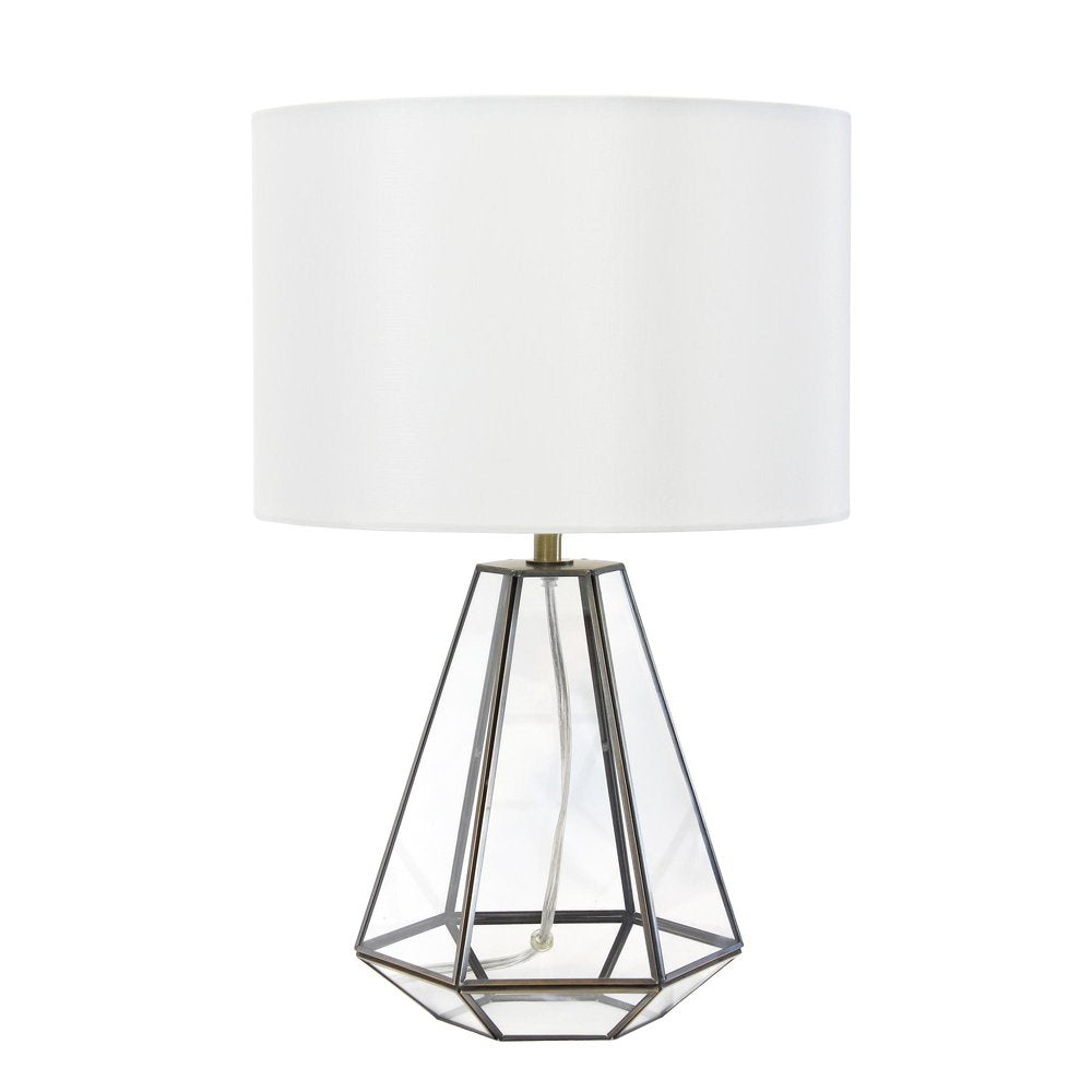 18" Clear And Brass Glass And Metal Geometric Table Lamp With Drum Shade