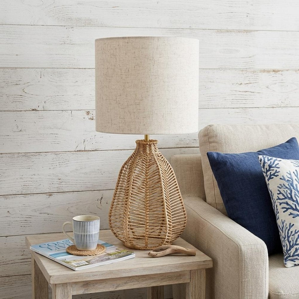 21" Natural Rope Rattan Table Lamp With Drum Shade