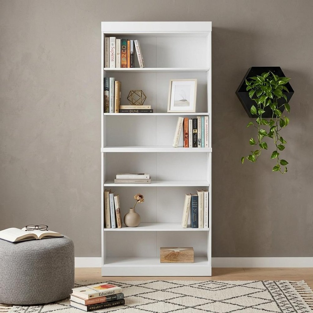 72" White Solid Wood Adjustable Six Tier Library Bookcase